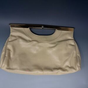 Letisse Vtg Cream Leather Frame Clutch Handbag Gold Tone Hardware Mid Century